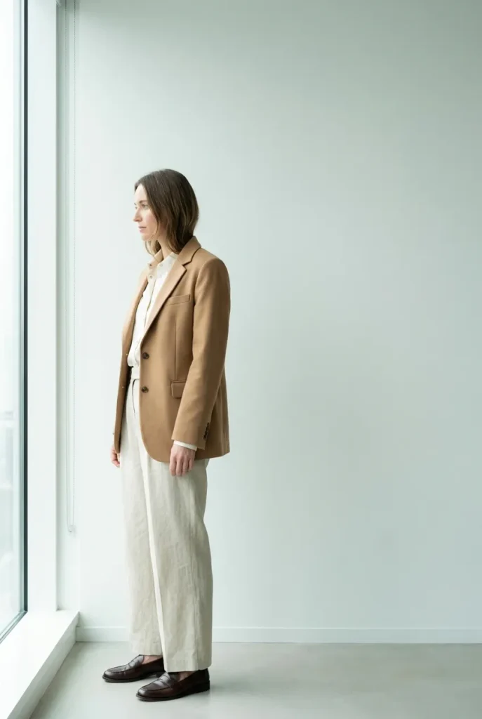 Woman in pearl-snap shirt, camel blazer, and wide-leg trousers, western-inspired work outfit.