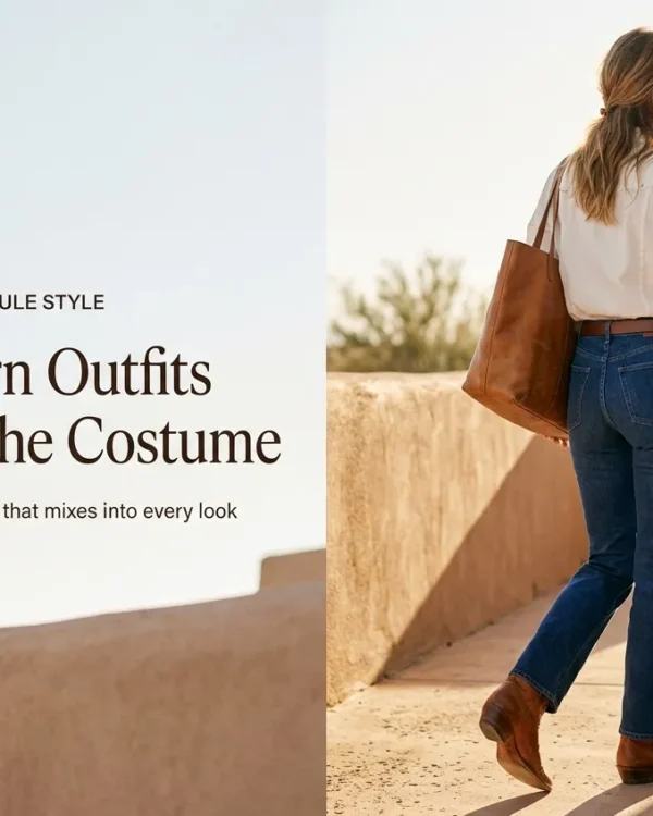 Woman in pearl-snap shirt, dark western denim, and cowboy boots walking at golden hour, a chic western outfit for women.