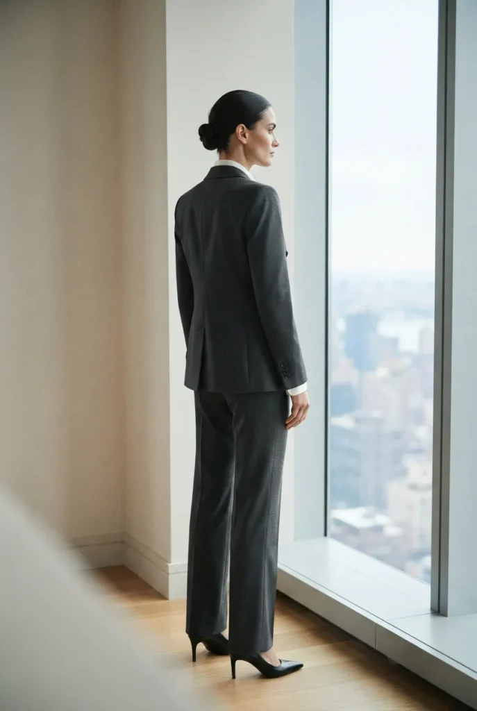 Woman in tailored charcoal suit standing by office window in formal work outfit.