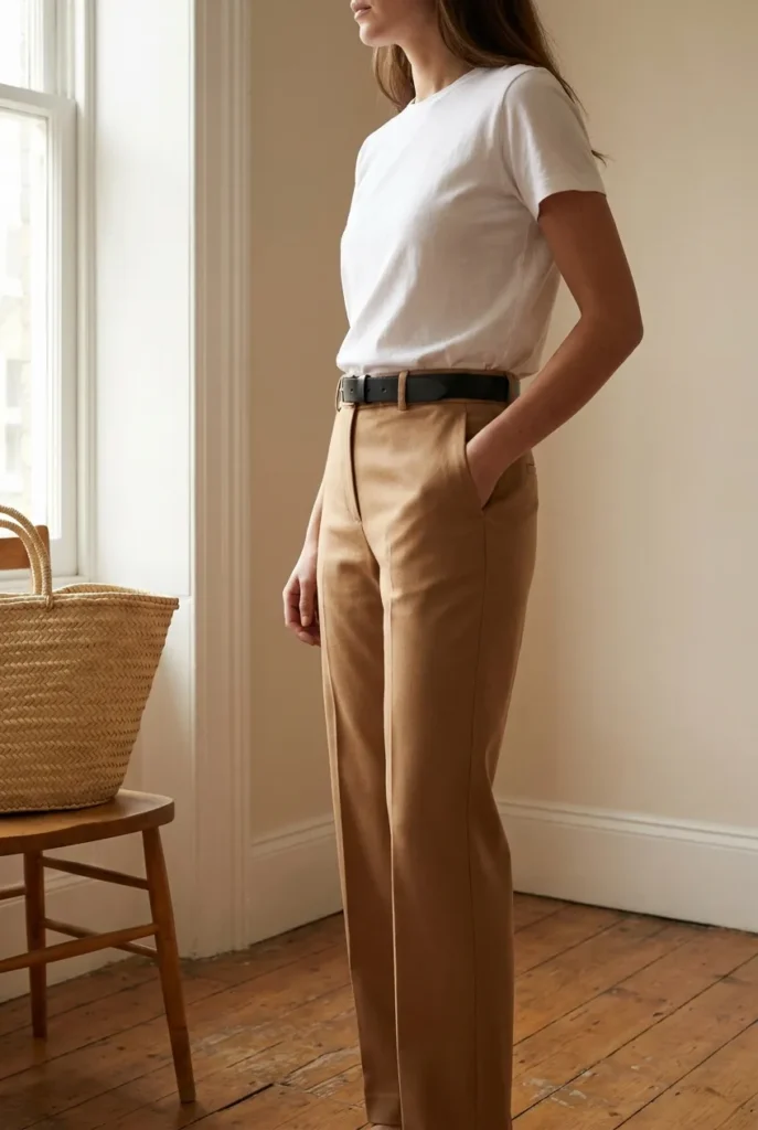 Woman in white tee and camel trousers showing elevated basics that look expensive