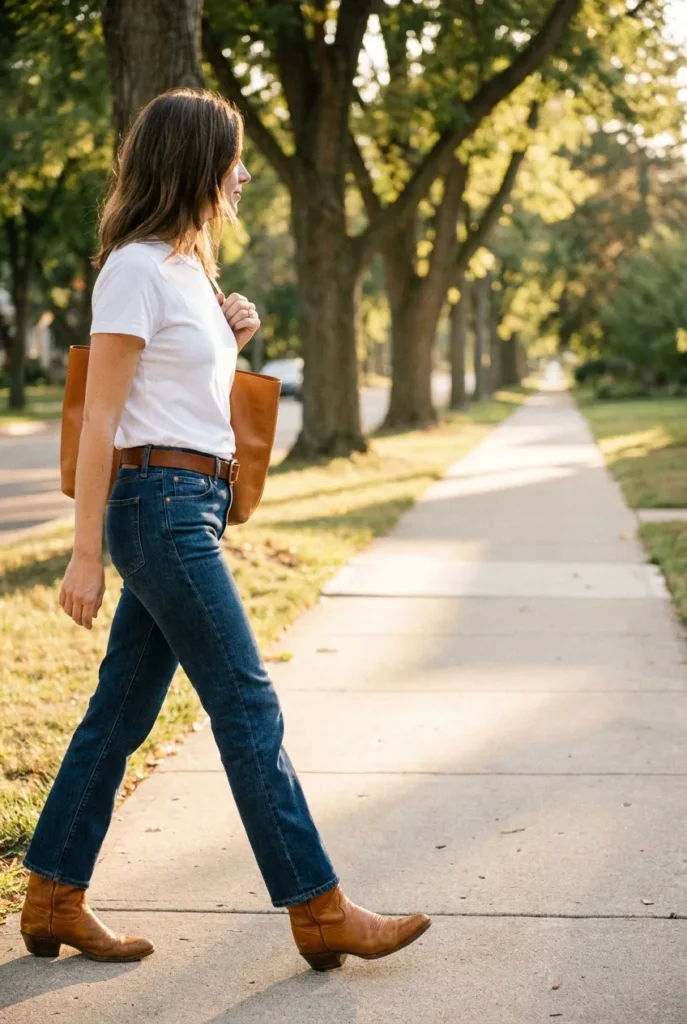 Woman in white tee, jeans, and cowboy boots carrying a tan tote, casual western outfit for women.