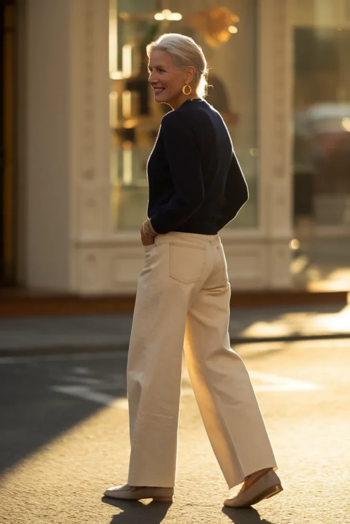 Woman over 50 walking in ecru wide-leg jeans, navy sweater, and loafers.