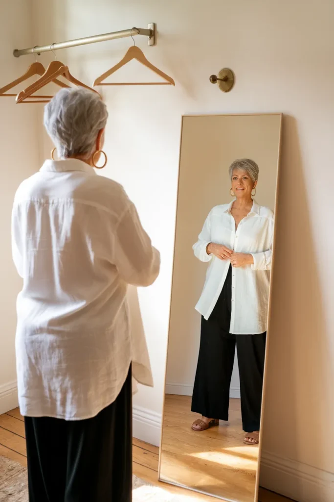 Woman over 60 styling a white button-down half tuck with wide leg pants from her casual capsule wardrobe