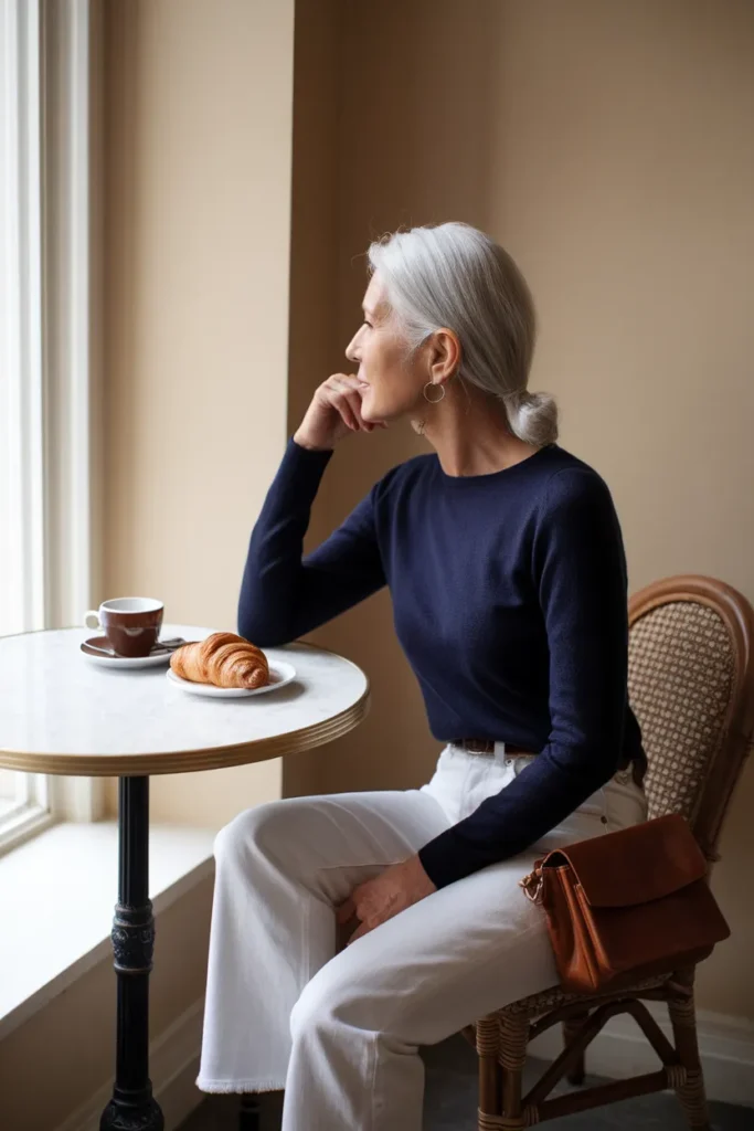 Woman over 60 wearing a casual navy sweater and white jeans capsule wardrobe outfit at a cafe