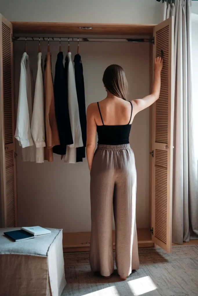 Woman reviewing a small neutral wardrobe before building a capsule wardrobe vision board