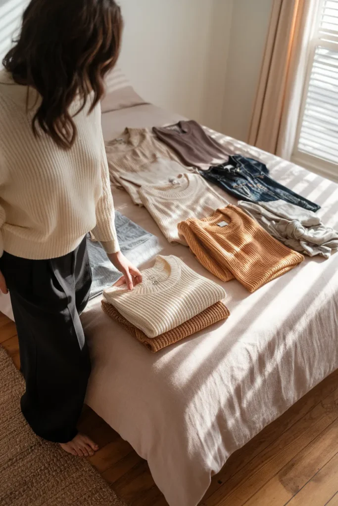 Woman sorting her real clothing rotation on a bed as the first step of a capsule wardrobe template