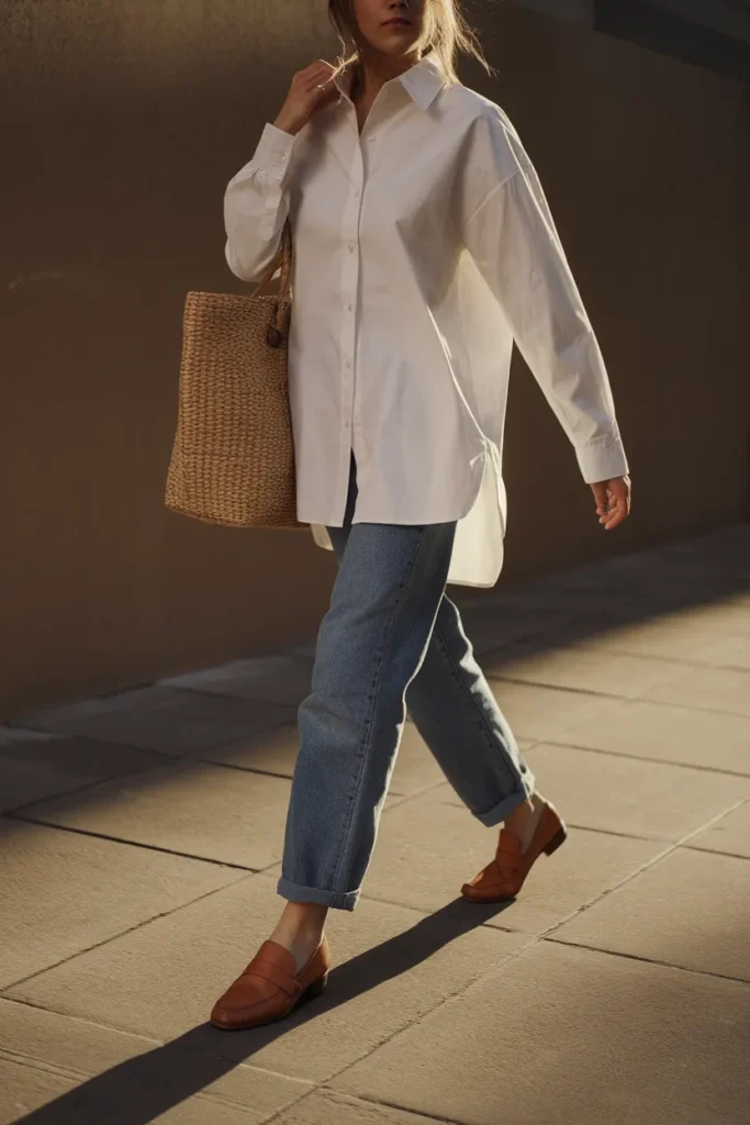 Woman styling an oversized white button-down shirt half-tucked into blue jeans on a city street. How to Style an Oversized Shirt