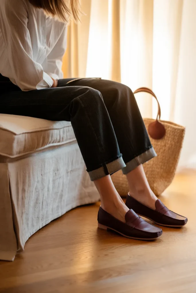 Woman styling burgundy penny loafers with cuffed dark jeans