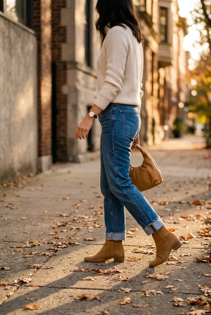 Woman styling camel suede ankle boots with cuffed straight-leg jeans for fall