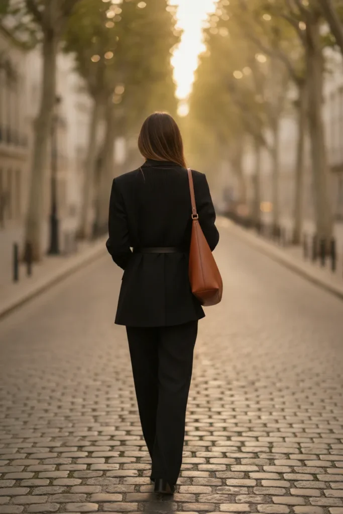 Woman walking away in a polished all black outfit with a cognac bag in warm light