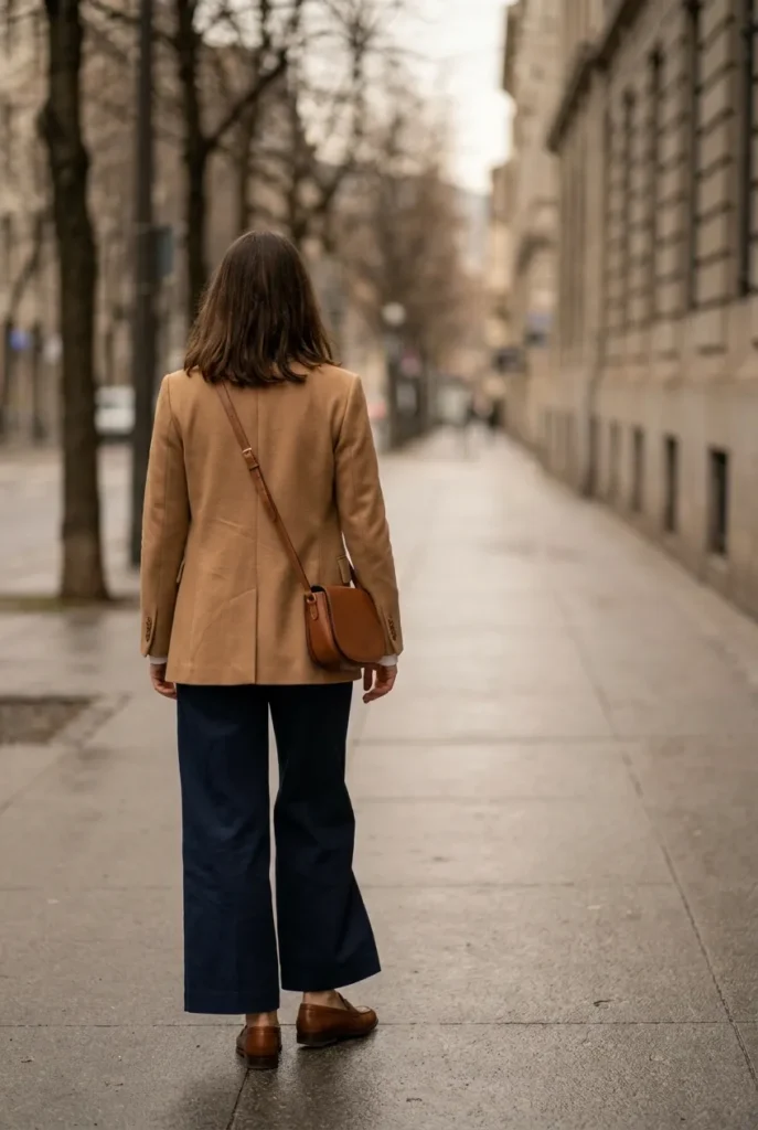 Woman walking in a camel blazer, white tee, and wide-leg trousers outfit formula