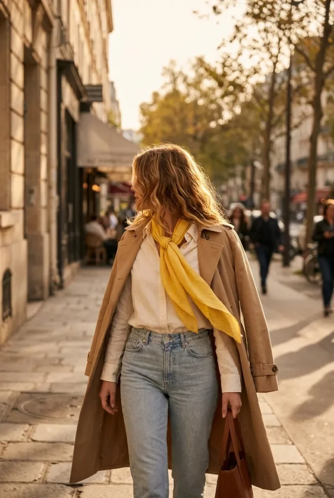 Woman walking in a cream shirt, camel trench, and butter yellow scarf in golden spring light.