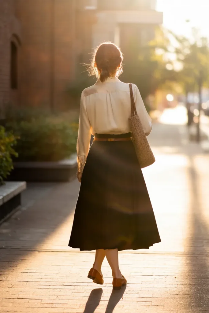 Woman walking in a cream silk blouse and soft black midi skirt with loafers and a woven tote