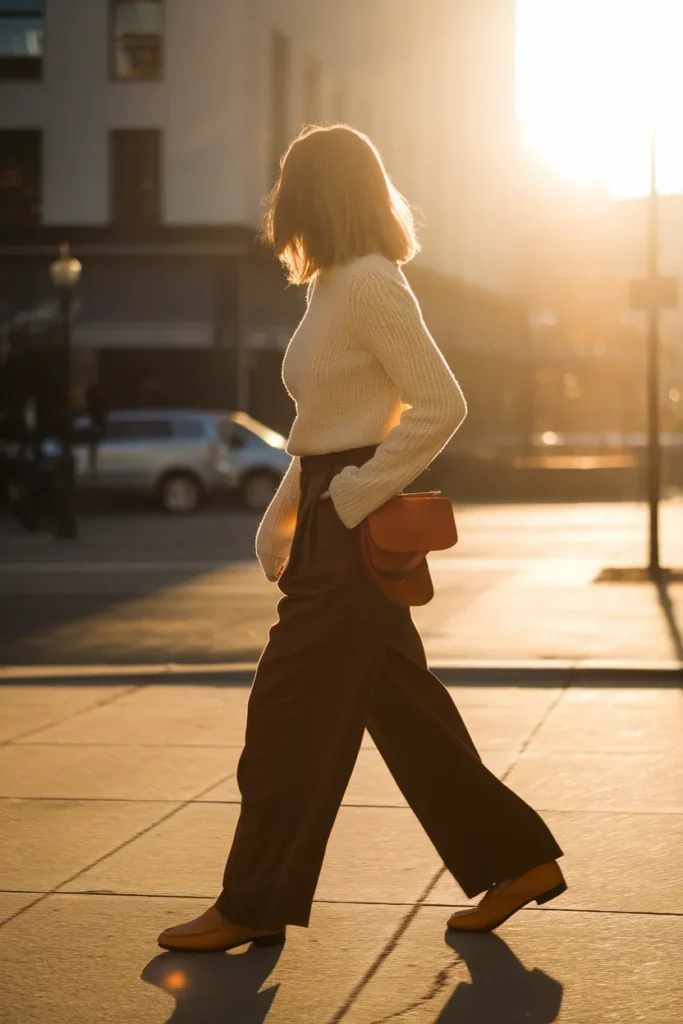 Woman walking in a cream sweater and chocolate brown trousers in golden light.