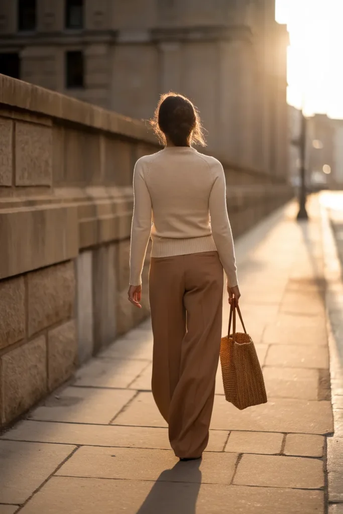 Woman walking in an oat knit and camel wide-leg trousers, a capsule wardrobe outfit formula