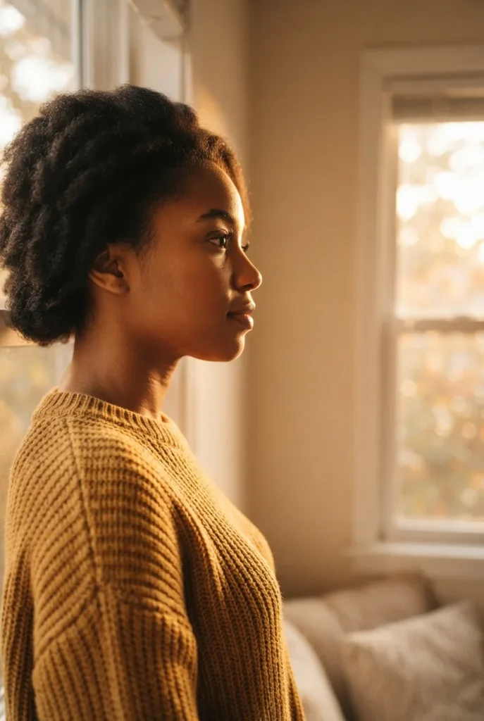 Woman with warm undertones in a mustard knit lit by golden-hour light.