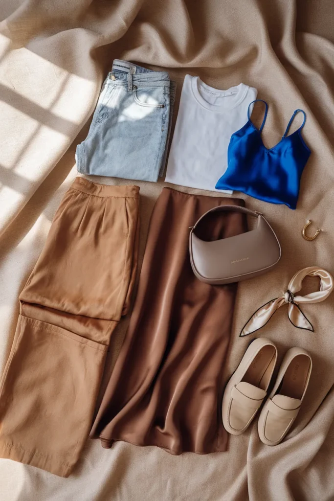 Y2K capsule wardrobe flat lay with vintage wash jeans, baby tee, satin midi skirt, and skinny scarf