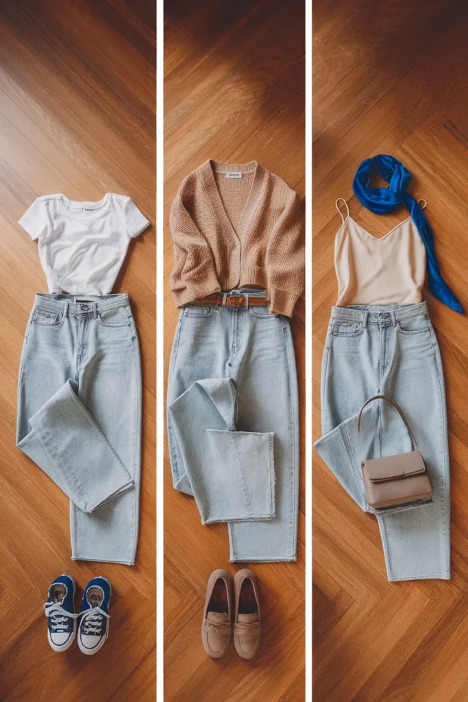 Y2K outfit ideas showing one pair of jeans styled three ways from a small capsule