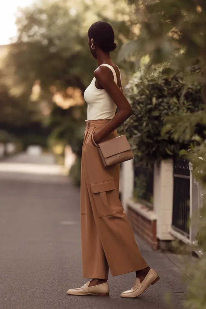 Y2K wardrobe essentials outfit with cargo trousers, fitted tank, crossbody, and loafers