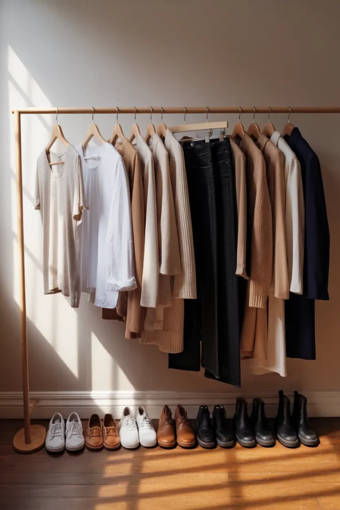 Year round capsule wardrobe of 30 neutral pieces hung on wooden hangers with shoes lined beneath