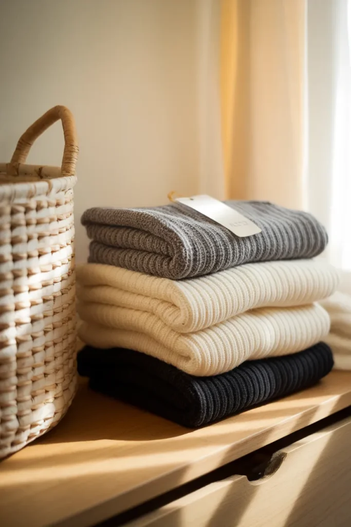 Folded black and cream monochrome knits with a visible care label