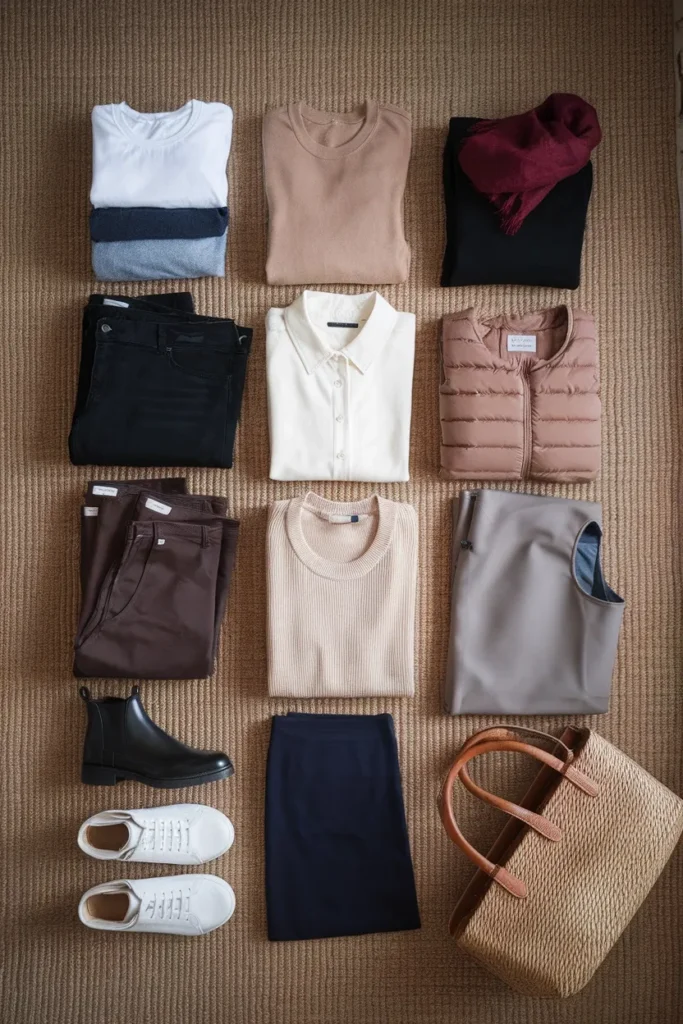 14-piece Ireland travel capsule wardrobe flat-lay in neutral tones with boots, shell, and tote.