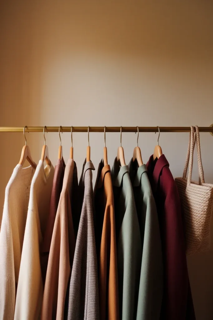 A twelve piece capsule wardrobe hung in one color season palette of cream, camel, espresso and sage