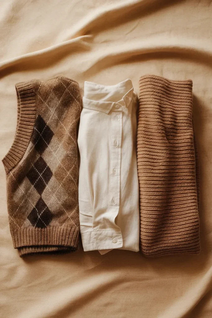 Argyle vest, linen shirt and ribbed cardigan compared for eclectic grandpa, coastal grandma and grandpacore