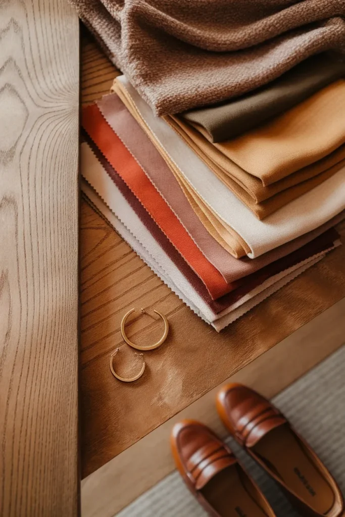 Autumn color analysis swatches in camel, olive, rust and warm cream on an oak table