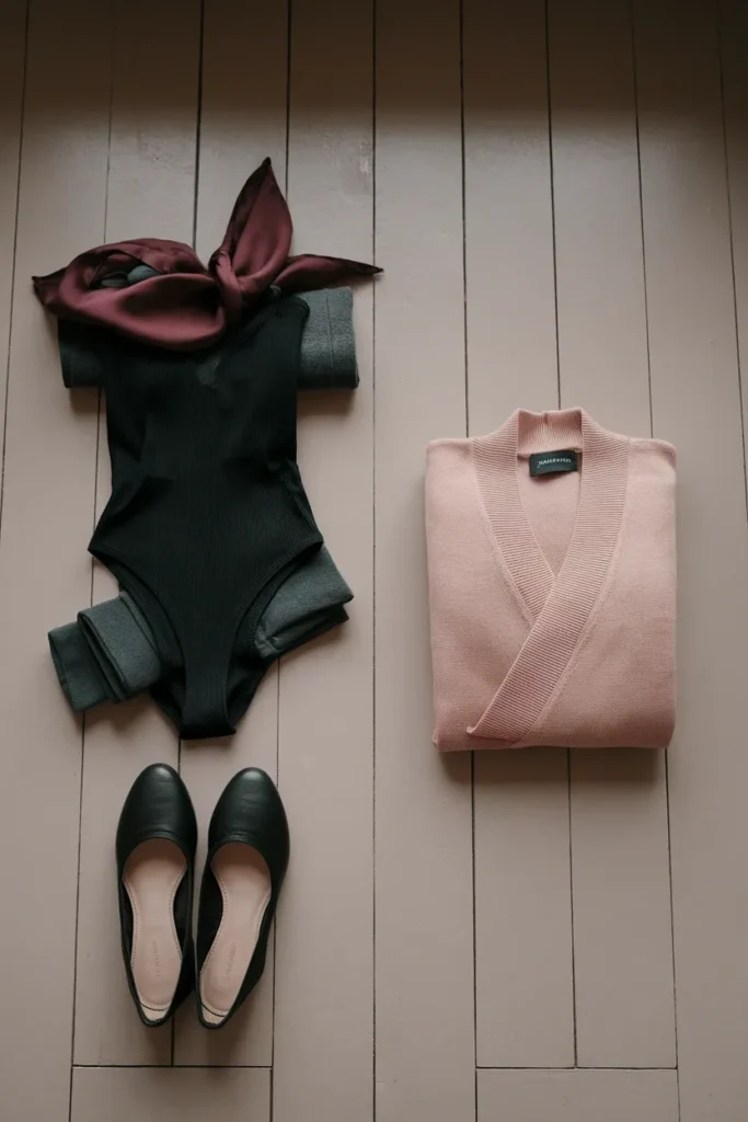 Balletcore 2026 color palette flat lay in black, charcoal, burgundy and blush