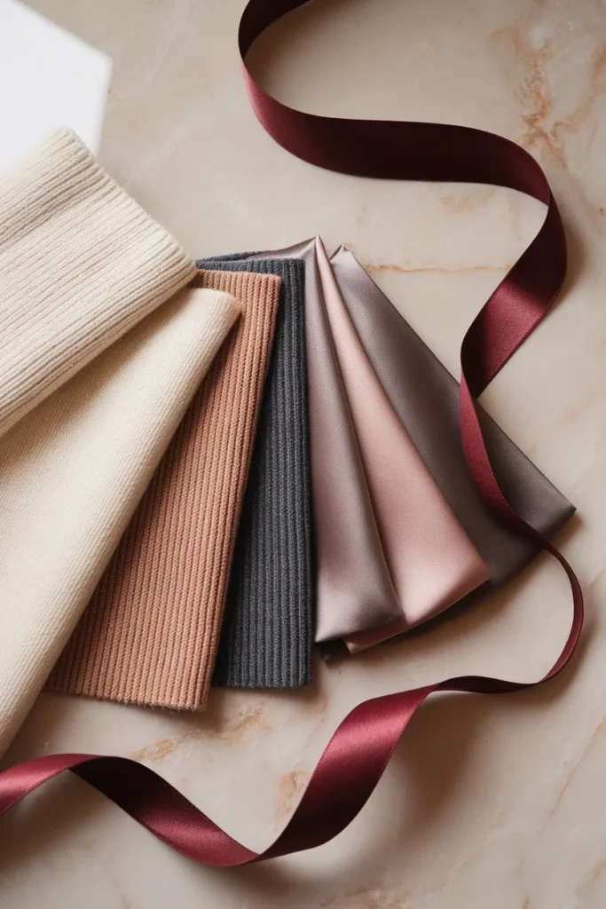 Balletcore color palette swatches in cream, oat, charcoal, espresso and dusty pink
