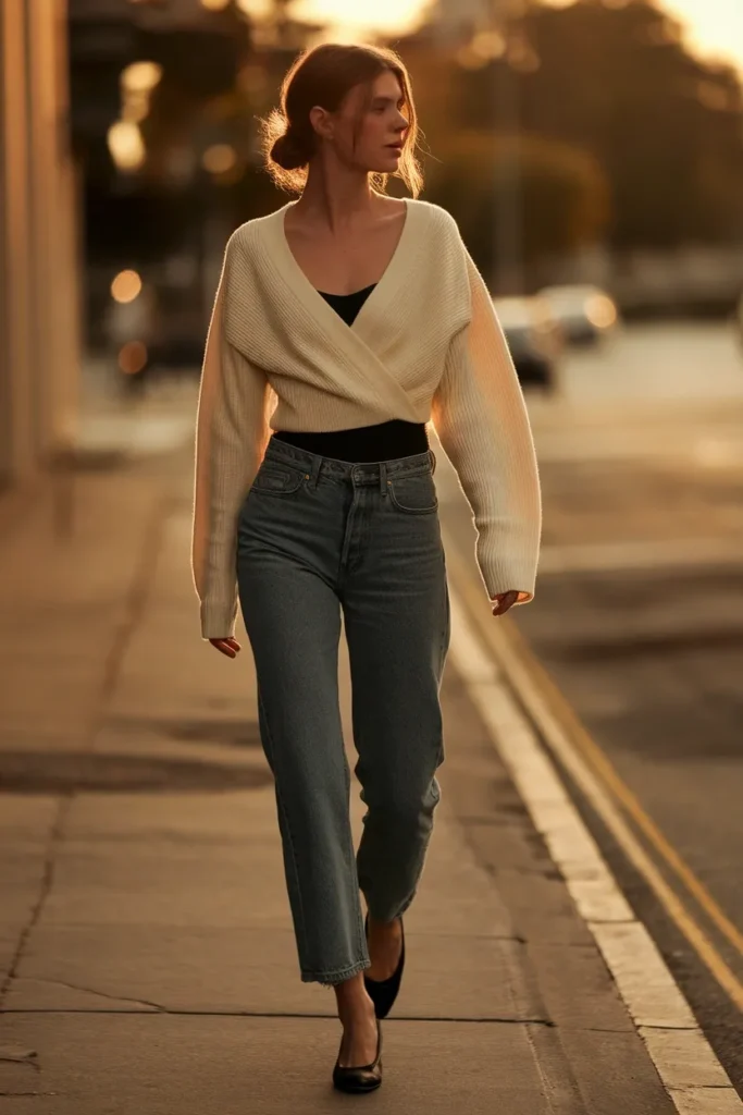 Balletcore outfit with cream wrap cardigan, black bodysuit, jeans and black ballet flats