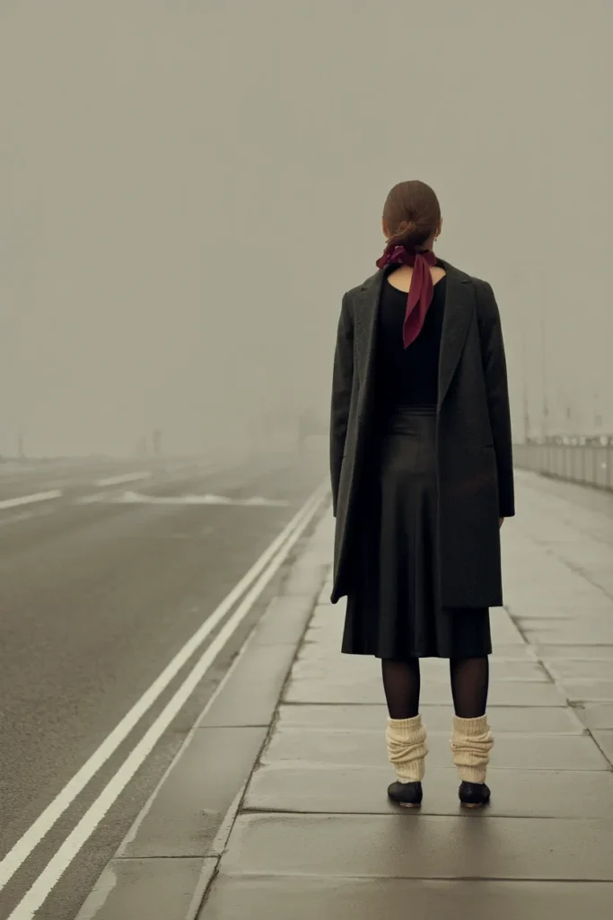 Balletcore winter outfit layering long wool coat, tights, leg warmers and flats