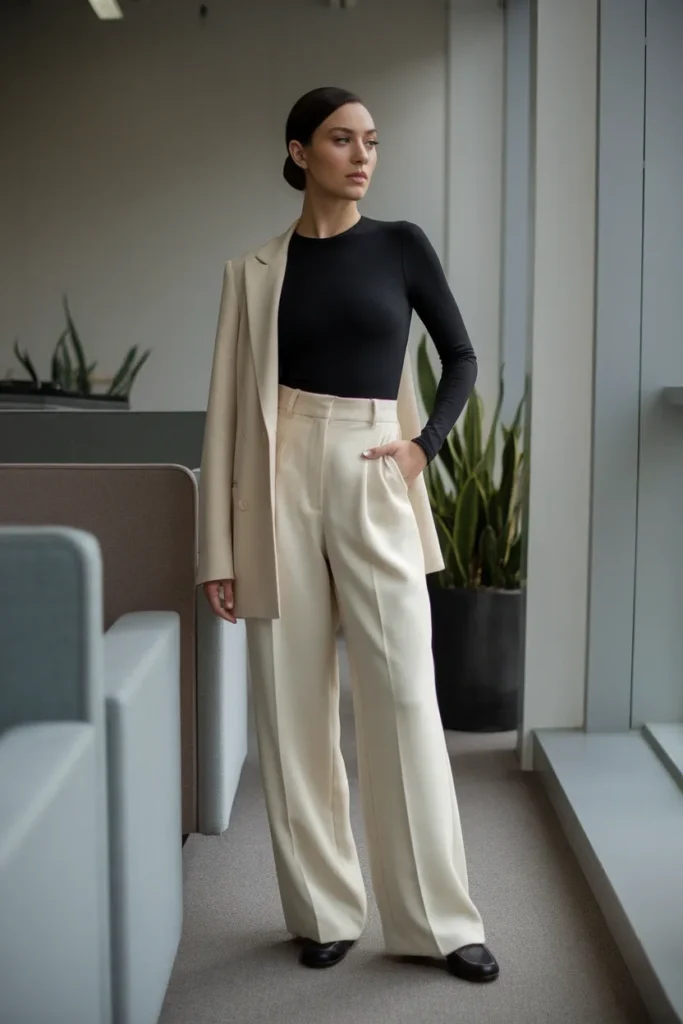 Balletcore work outfit with black bodysuit, cream wide leg trousers and loafers
