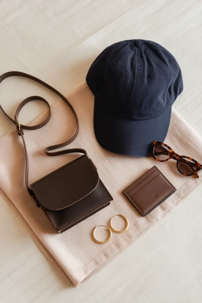 Baseball game accessories flat lay crossbody bag, navy cap, sunglasses, gold hoops