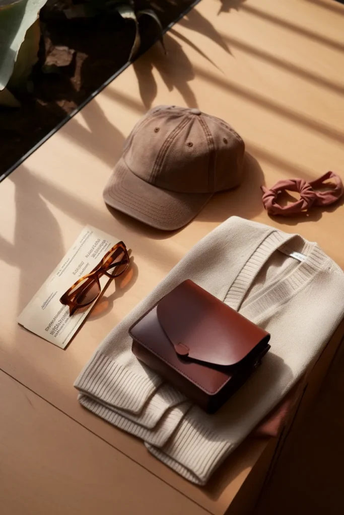 Baseball game outfit flat lay with cap, sunglasses, cardigan and crossbody bag
