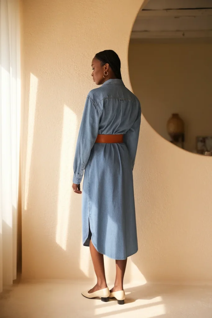 Belted denim shirt dress with cognac belt, cream ballet flats, and gold hoops