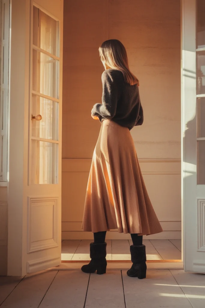 Bias cut midi skirt with charcoal tights and black ankle Uggs styled in warm doorway light