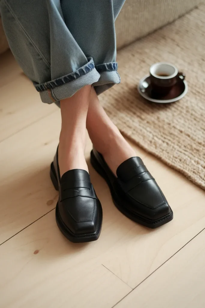 Black almond toe loafers styled with cuffed jeans on warm hardwood floors