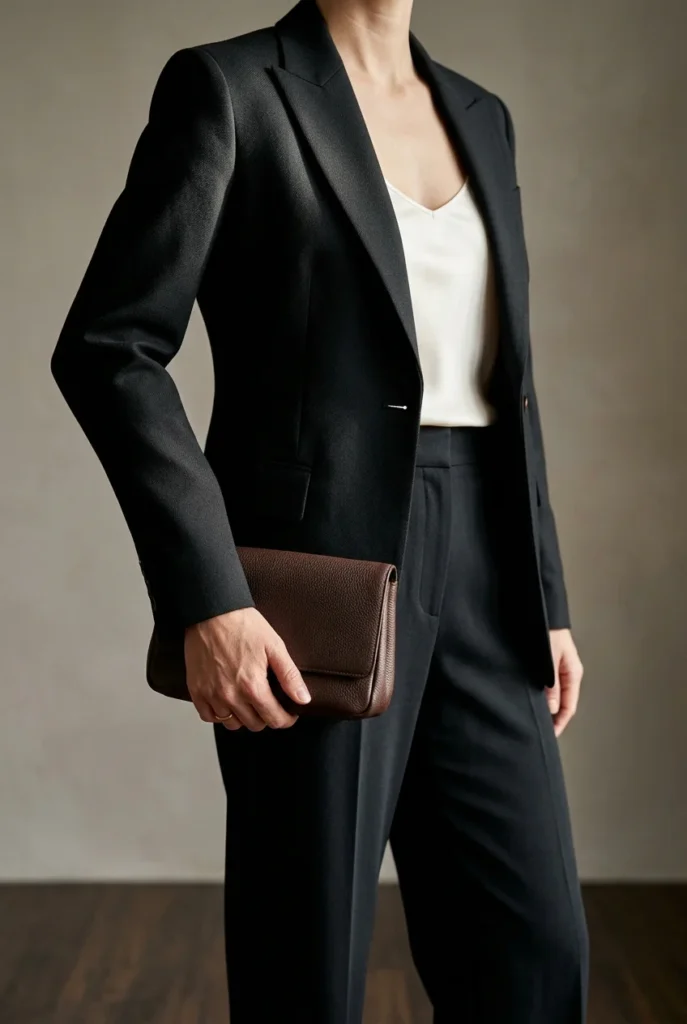 Black blazer over ivory silk camisole with dark trousers, meeting an upscale Vegas dress code
