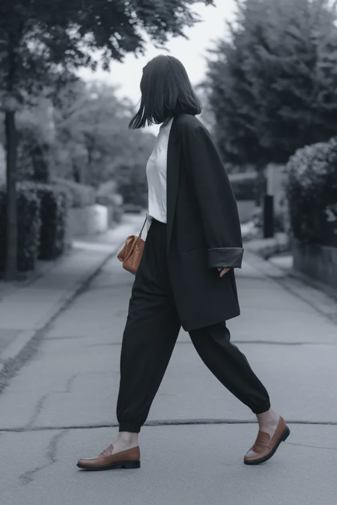 Black joggers styled with a tucked white tee, oversized blazer and loafers for a polished look