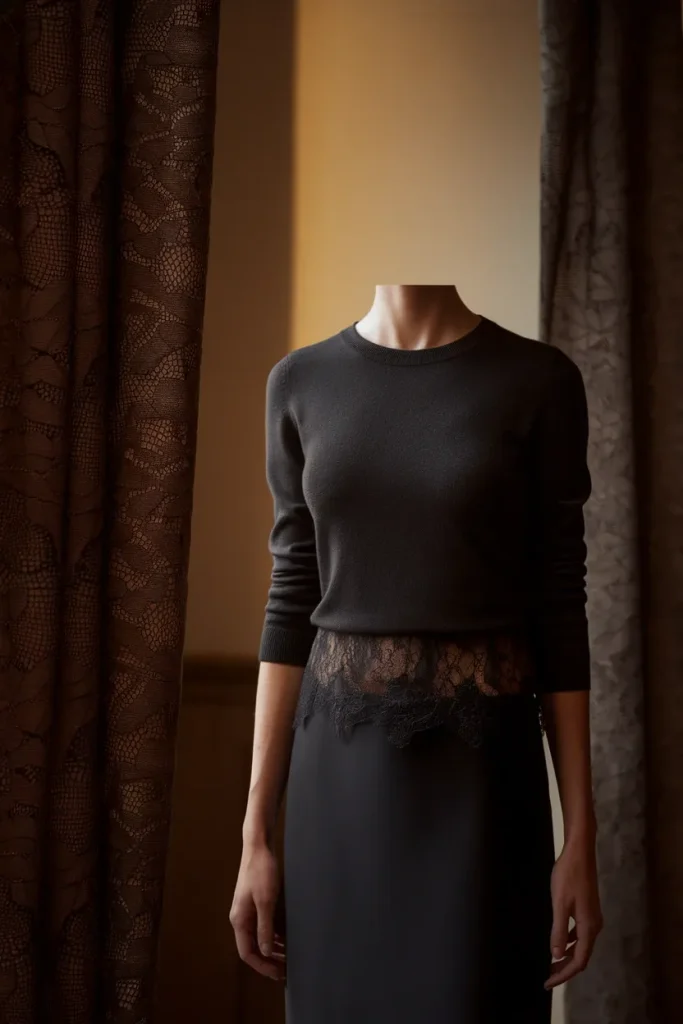 Black lace camisole layered under a black sweater for the dark romance fall 2026 trend