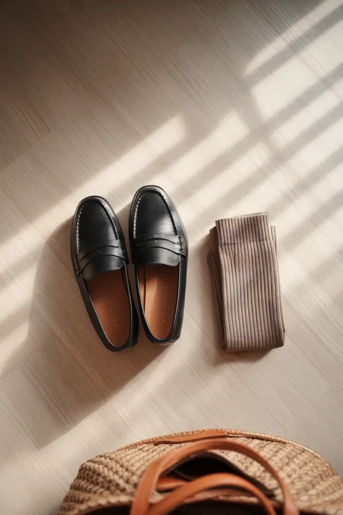 Black leather loafers and socks, easy slip-on shoes to wear on a plane