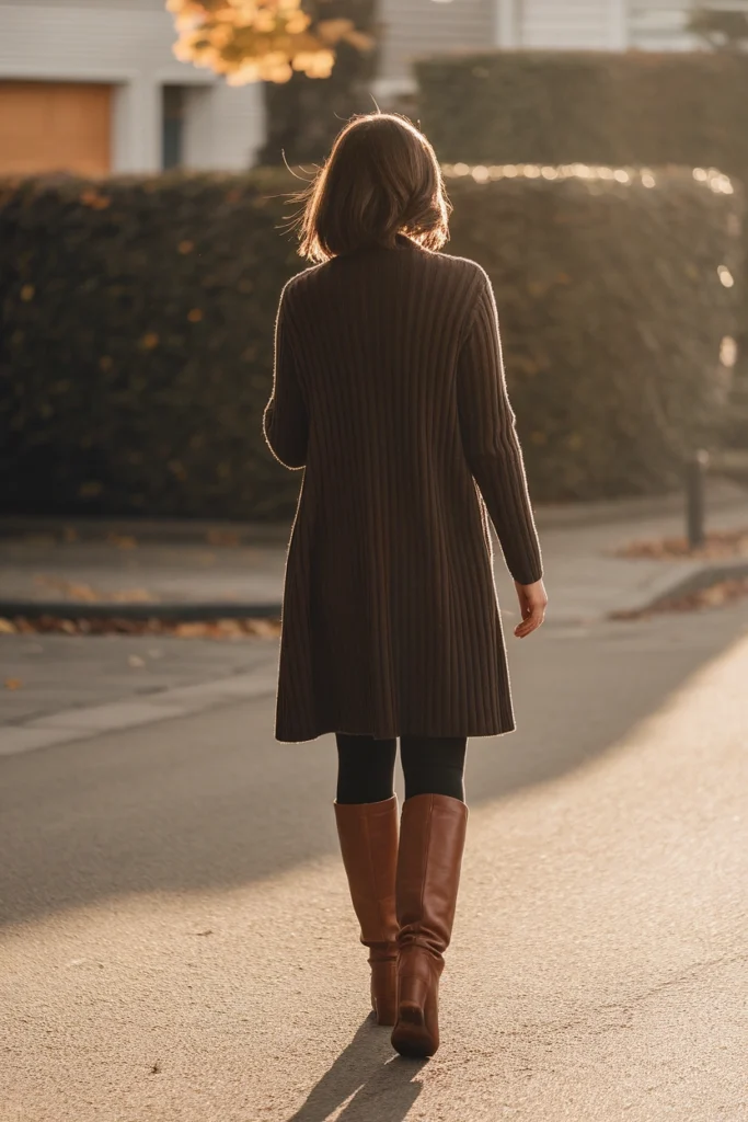 Black leggings with a long espresso cardigan and brown knee-high boots for a fall walk