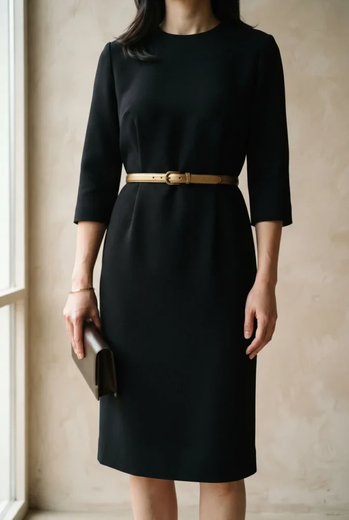 Black midi dress with a gold belt, an easy New Year's Eve outfit from a capsule wardrobe.