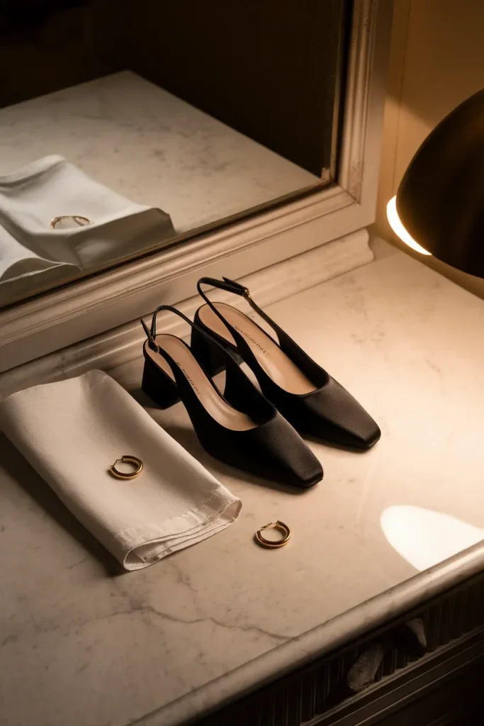 Black satin slingback low heels on a marble vanity beside gold hoop earrings