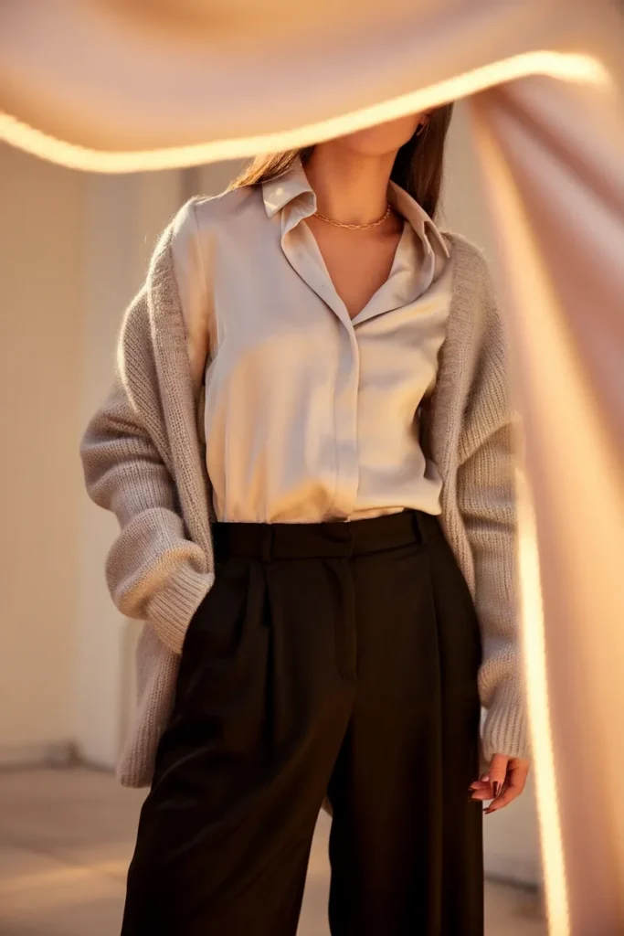 Black trousers styled with a soft white shirt so light color sits near the face