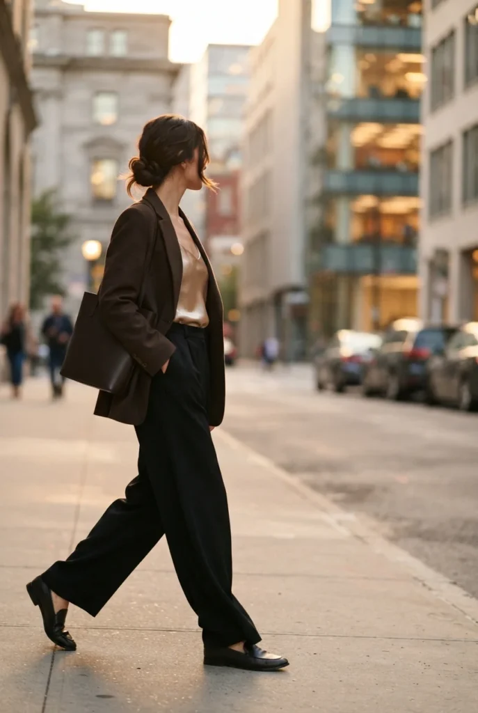 Black wide-leg trousers with champagne satin camisole and blazer, a capsule New Year's Eve outfit.