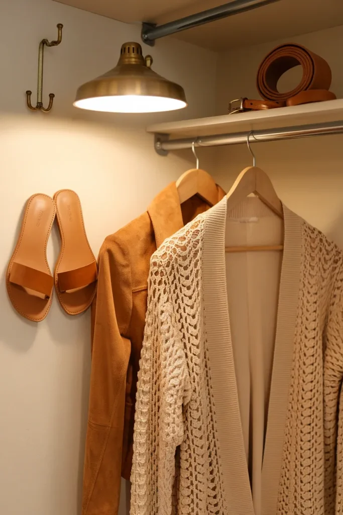 Boho capsule wardrobe starter pieces including suede jacket, crochet cardigan, leather belt, and sandals