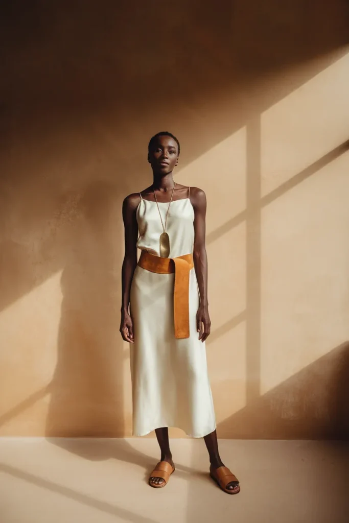 Boho chic outfit idea with ivory slip dress, caramel suede belt, and flat leather sandals